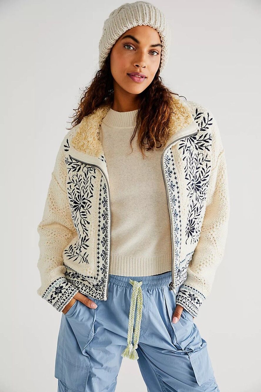 New Free People True Embroidered Sweater Jacket Zip Cardigan S Blue Ivory Nordic
